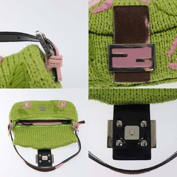 FENDI Mamma Baguette Shoulder Bag Wool Green Silver - Picture 11 of 13